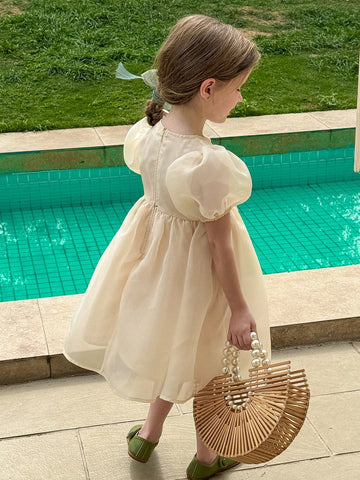 Young Girl Woven Plain Bubble Sleeve Fitted Elegant Dress