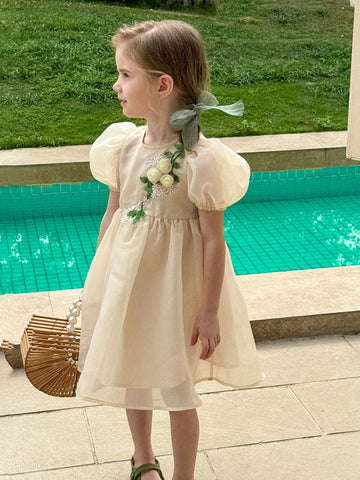 Young Girl Woven Plain Bubble Sleeve Fitted Elegant Dress