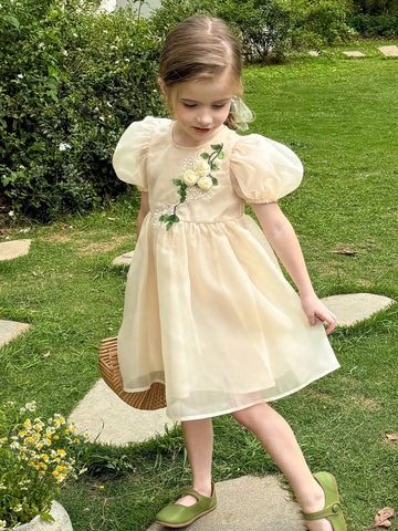 Young Girl Woven Plain Bubble Sleeve Fitted Elegant Dress