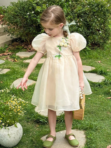 Young Girl Woven Plain Bubble Sleeve Fitted Elegant Dress