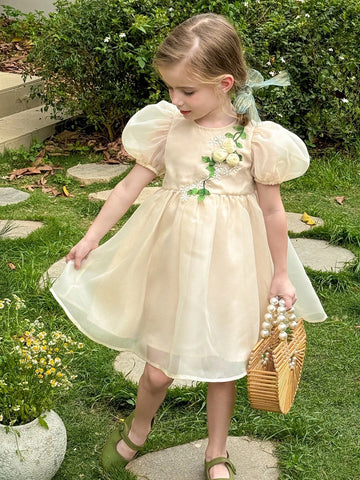 Young Girl Woven Plain Bubble Sleeve Fitted Elegant Dress