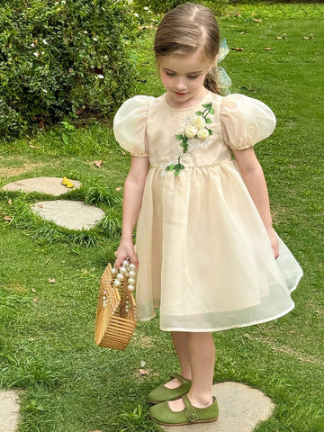 Young Girl Woven Plain Bubble Sleeve Fitted Elegant Dress