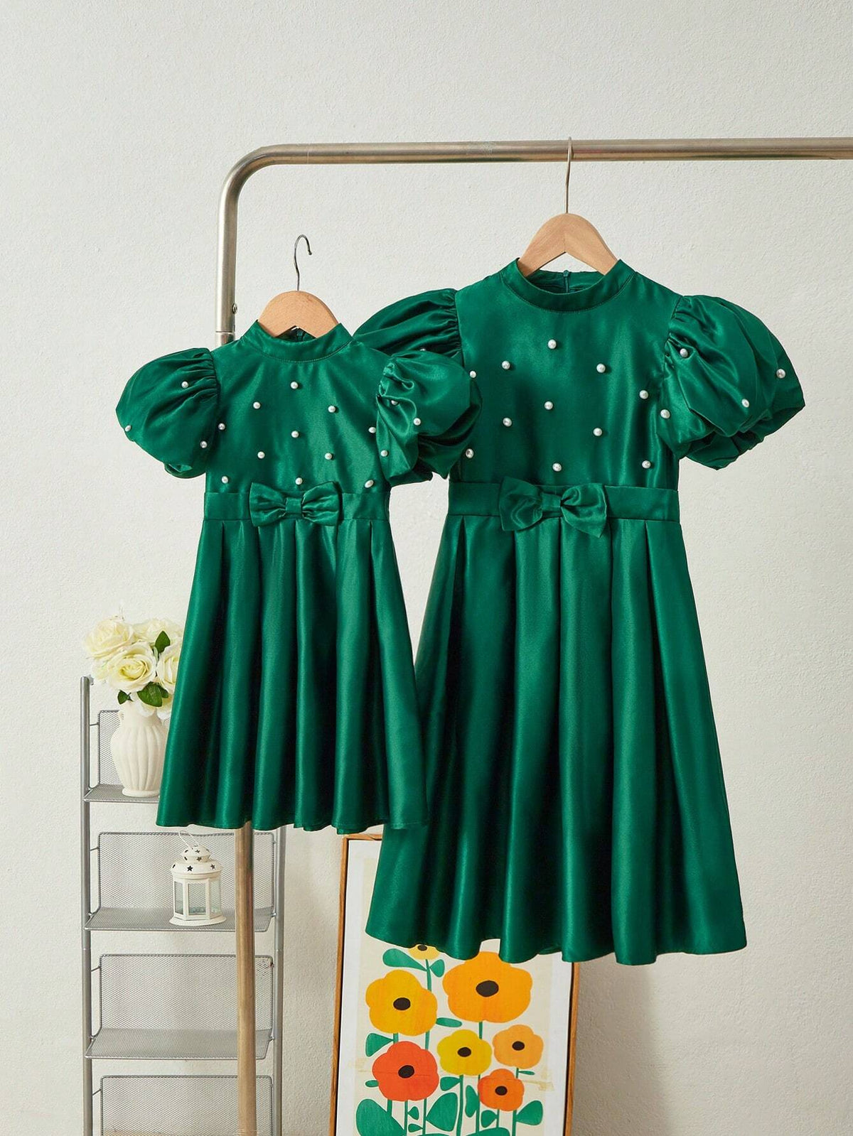 Young Girl Woven Plain Puff Sleeve Stand Collar Pearl Embellished Casual Midi Dress