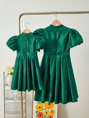 Young Girl Woven Plain Puff Sleeve Stand Collar Pearl Embellished Casual Midi Dress