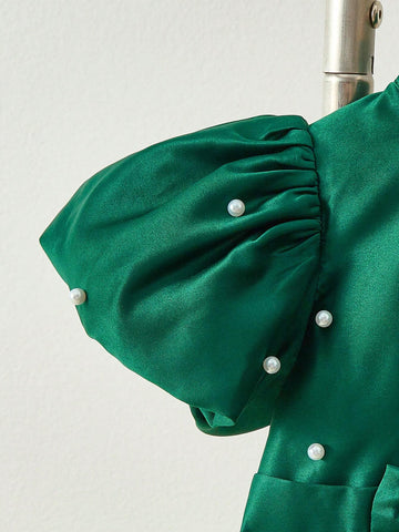 Young Girl Woven Plain Puff Sleeve Stand Collar Pearl Embellished Casual Midi Dress