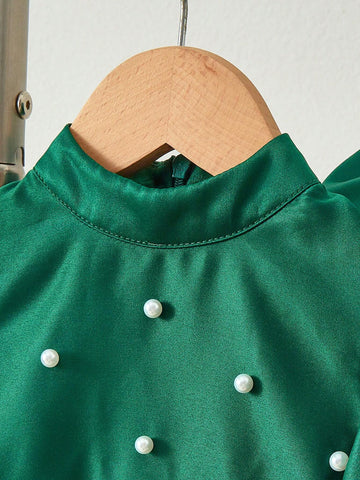 Young Girl Woven Plain Puff Sleeve Stand Collar Pearl Embellished Casual Midi Dress