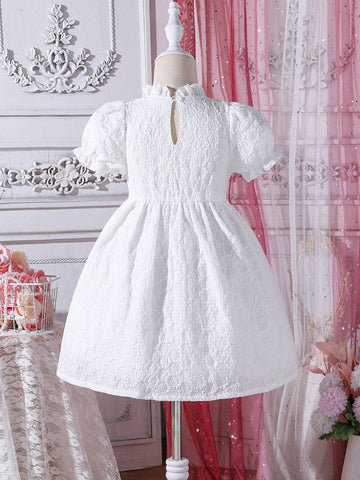 Young Girl Woven Pointelle Embroidery Elegant Dress With Ruffle Neckline And Puff Sleeves, Perfect For Birthday Party