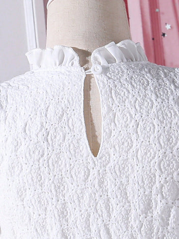 Young Girl Woven Pointelle Embroidery Elegant Dress With Ruffle Neckline And Puff Sleeves, Perfect For Birthday Party