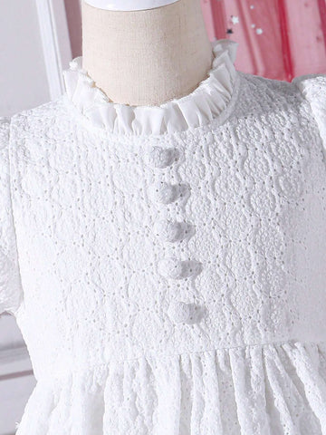 Young Girl Woven Pointelle Embroidery Elegant Dress With Ruffle Neckline And Puff Sleeves, Perfect For Birthday Party