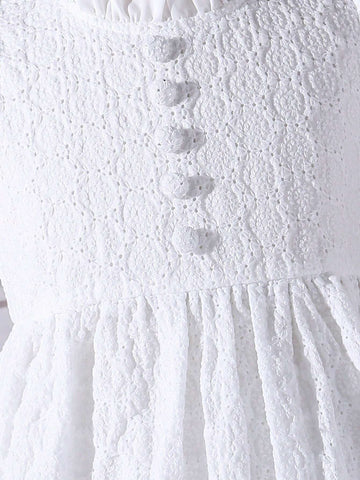 Young Girl Woven Pointelle Embroidery Elegant Dress With Ruffle Neckline And Puff Sleeves, Perfect For Birthday Party