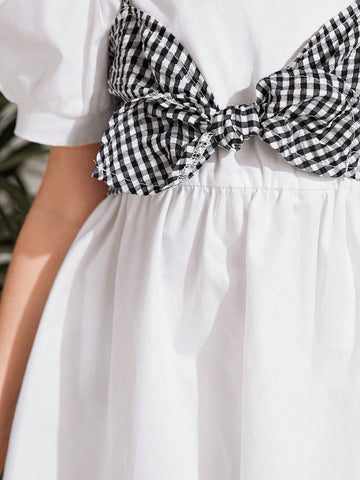 Young Girl Woven Puff Sleeve Solid Color Round Neck Dress And Plaid Strap Crop Top 2pcs Set