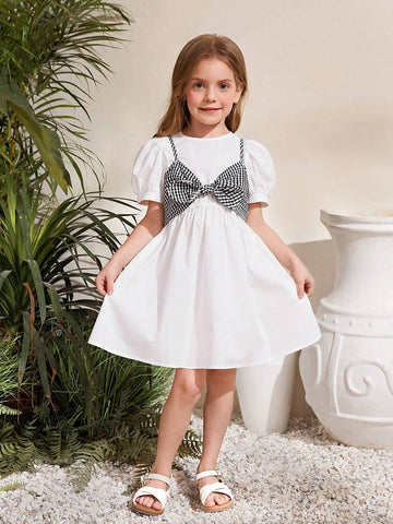 Young Girl Woven Puff Sleeve Solid Color Round Neck Dress And Plaid Strap Crop Top 2pcs Set
