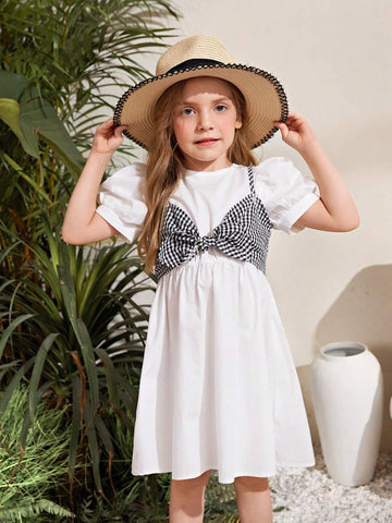 Young Girl Woven Puff Sleeve Solid Color Round Neck Dress And Plaid Strap Crop Top 2pcs Set