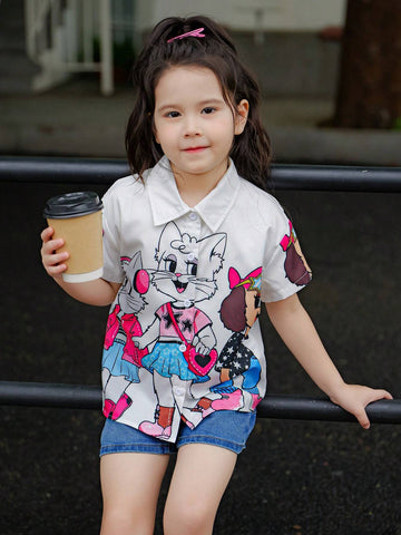 Young Girl Woven Pure Color Cute Animal Pattern Loose Casual Shirt