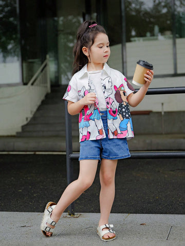Young Girl Woven Pure Color Cute Animal Pattern Loose Casual Shirt