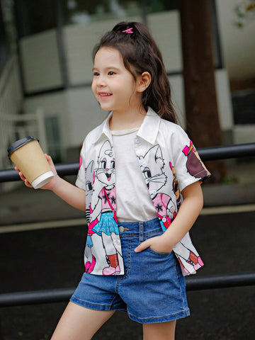 Young Girl Woven Pure Color Cute Animal Pattern Loose Casual Shirt