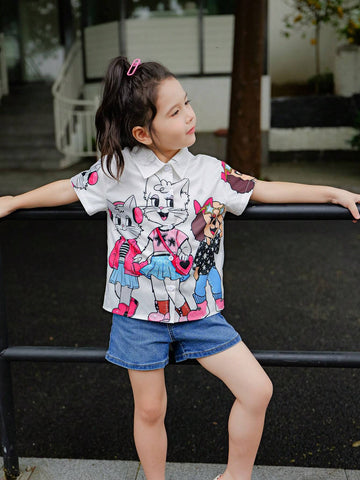 Young Girl Woven Pure Color Cute Animal Pattern Loose Casual Shirt