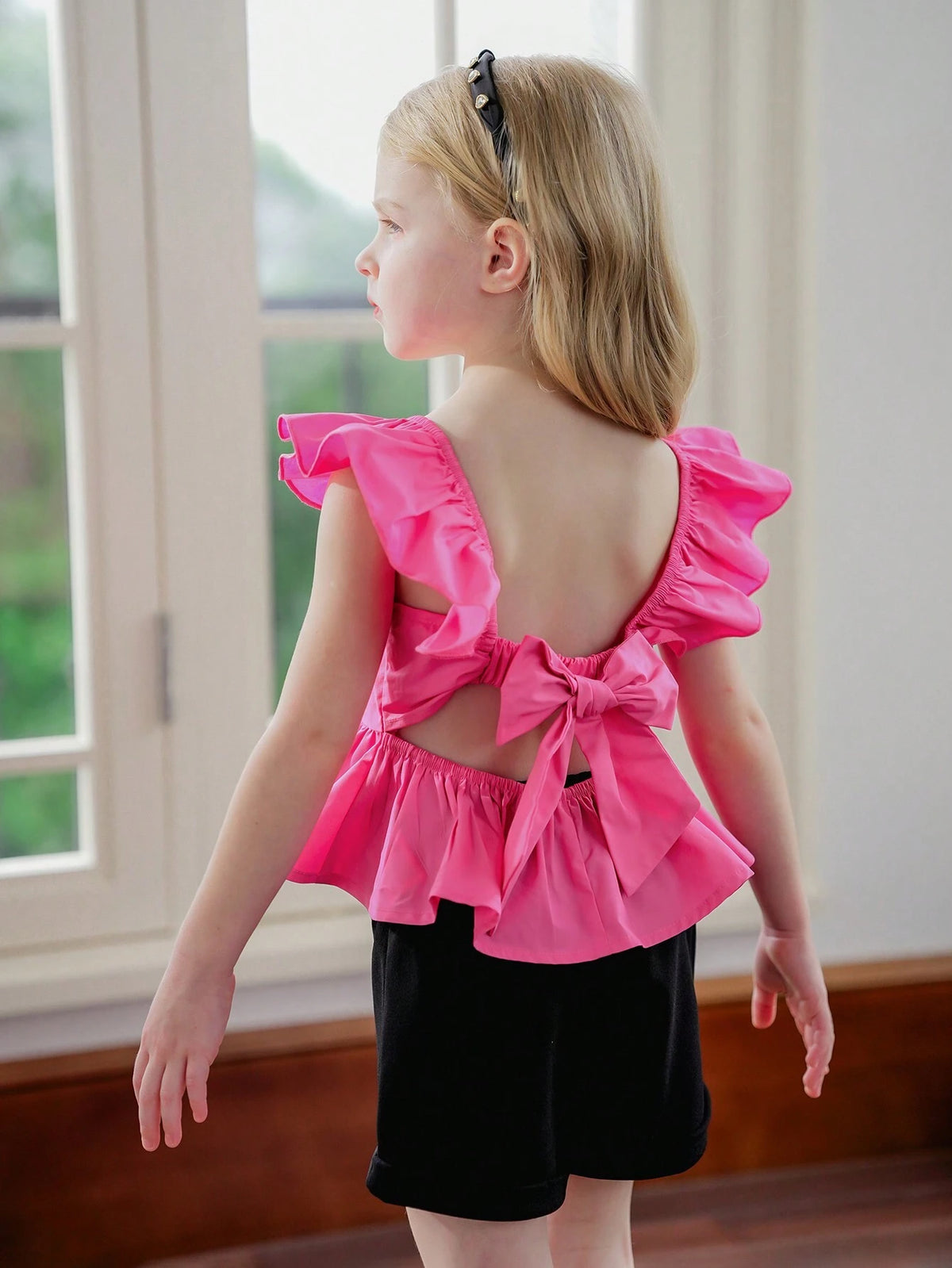 Young Girl Woven Pure Color Square Collar Shirt With Ruffle Trim And Bow Tie, Casual