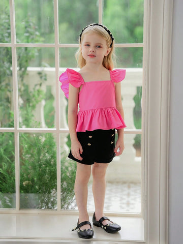 Young Girl Woven Pure Color Square Collar Shirt With Ruffle Trim And Bow Tie, Casual