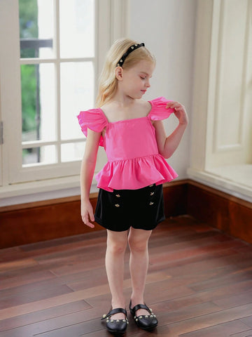 Young Girl Woven Pure Color Square Collar Shirt With Ruffle Trim And Bow Tie, Casual