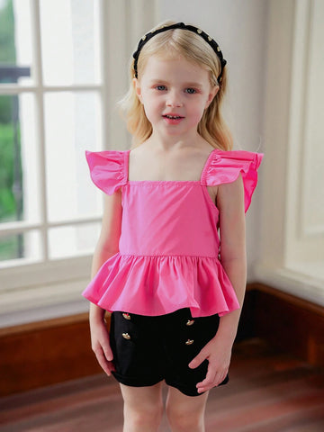 Young Girl Woven Pure Color Square Collar Shirt With Ruffle Trim And Bow Tie, Casual