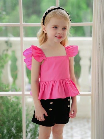 Young Girl Woven Pure Color Square Collar Shirt With Ruffle Trim And Bow Tie, Casual