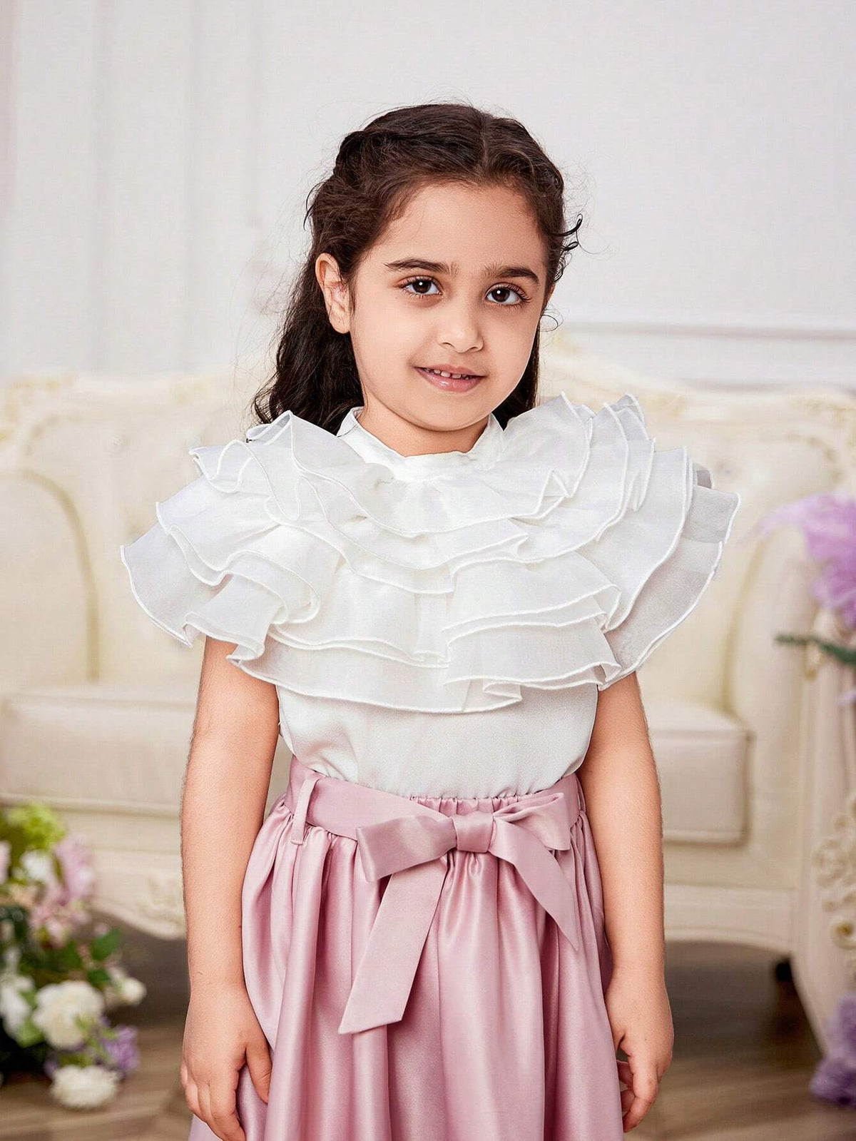 Young Girl Woven Pure Color Stand Collar Shirt With Elegant Ruffled Hem