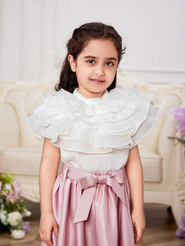 Young Girl Woven Pure Color Stand Collar Shirt With Elegant Ruffled Hem