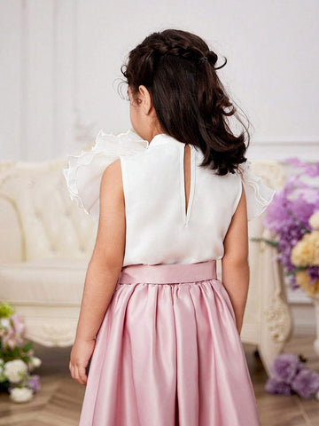 Young Girl Woven Pure Color Stand Collar Shirt With Elegant Ruffled Hem