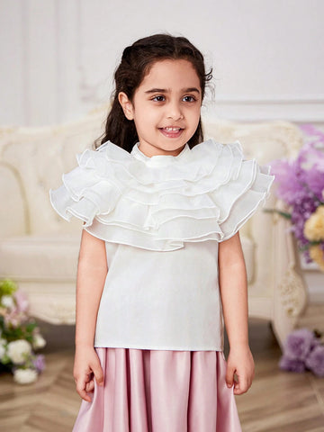 Young Girl Woven Pure Color Stand Collar Shirt With Elegant Ruffled Hem