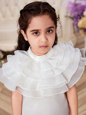 Young Girl Woven Pure Color Stand Collar Shirt With Elegant Ruffled Hem