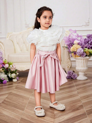 Young Girl Woven Pure Color Stand Collar Shirt With Elegant Ruffled Hem