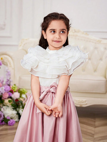 Young Girl Woven Pure Color Stand Collar Shirt With Elegant Ruffled Hem