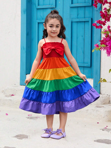 Young Girl Woven Rainbow Gradual Pleated Spaghetti Strap Casual Dress