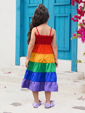Young Girl Woven Rainbow Gradual Pleated Spaghetti Strap Casual Dress