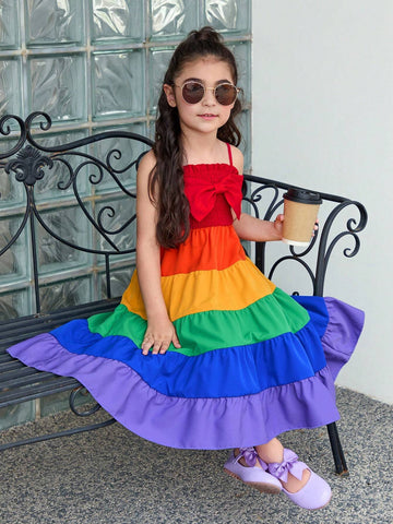 Young Girl Woven Rainbow Gradual Pleated Spaghetti Strap Casual Dress