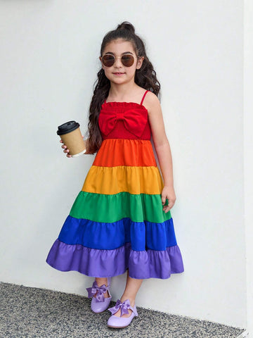 Young Girl Woven Rainbow Gradual Pleated Spaghetti Strap Casual Dress