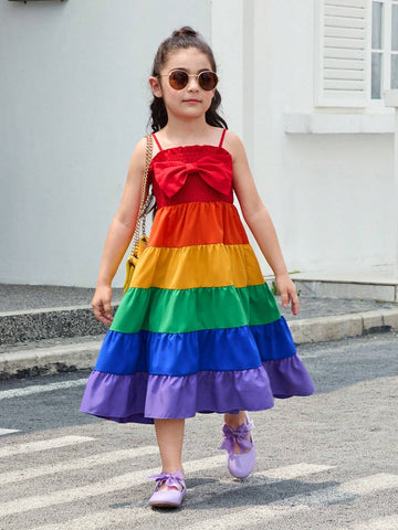 Young Girl Woven Rainbow Gradual Pleated Spaghetti Strap Casual Dress
