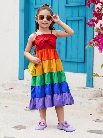Young Girl Woven Rainbow Gradual Pleated Spaghetti Strap Casual Dress