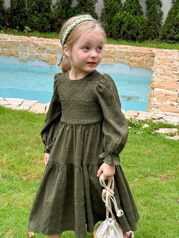 Young Girl Woven Round Neck Puff Sleeve Fitted Casual Dress