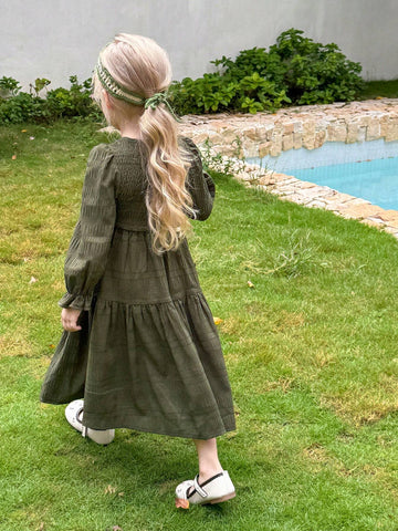 Young Girl Woven Round Neck Puff Sleeve Fitted Casual Dress