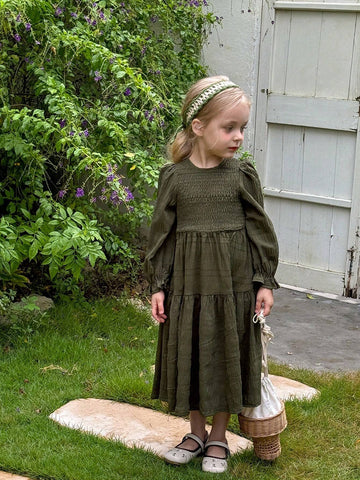 Young Girl Woven Round Neck Puff Sleeve Fitted Casual Dress