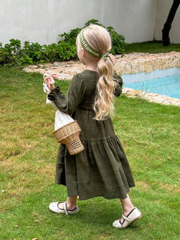 Young Girl Woven Round Neck Puff Sleeve Fitted Casual Dress
