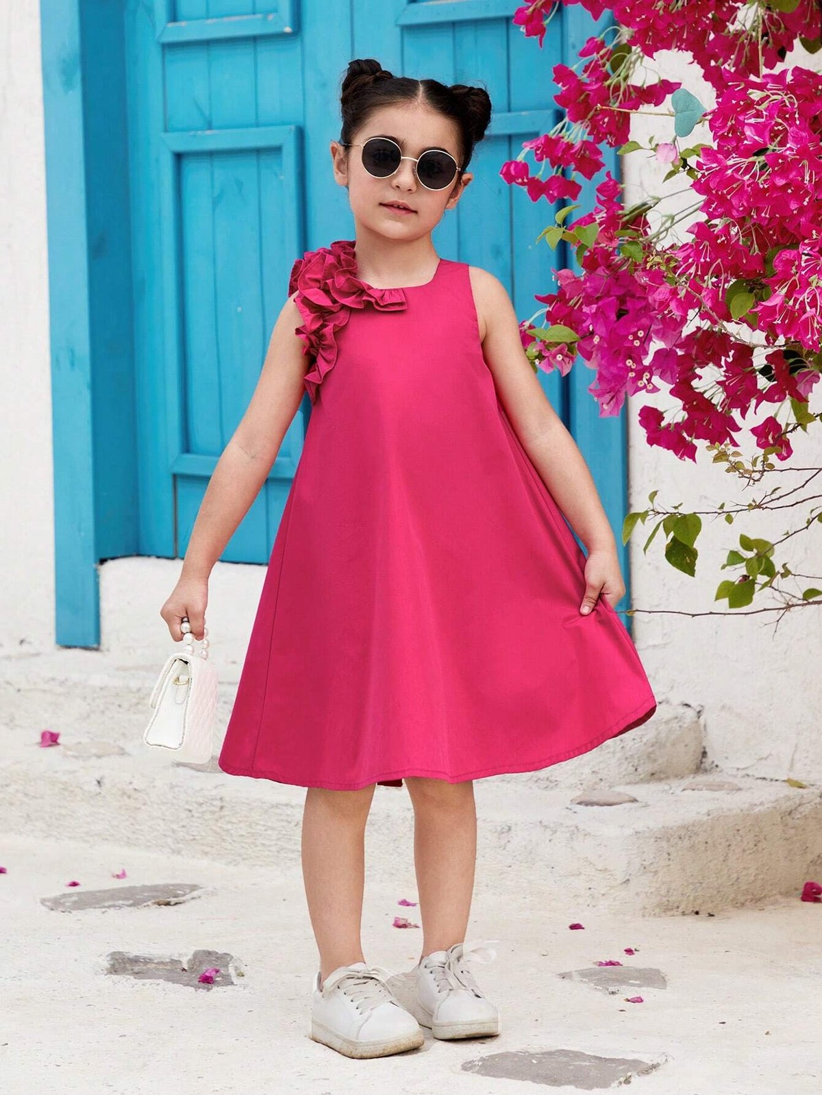 Young Girl Woven Ruffle Hem Solid Color Round Neck Pullover Sleeveless Dress