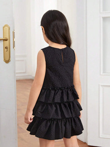 Young Girl Woven Ruffle Hem Solid Color Round Neck Pullover Sleeveless Dress