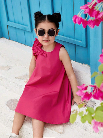 Young Girl Woven Ruffle Hem Solid Color Round Neck Pullover Sleeveless Dress