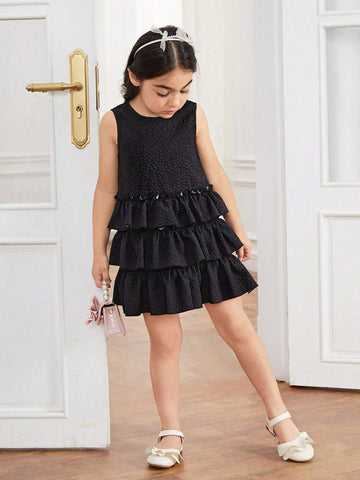 Young Girl Woven Ruffle Hem Solid Color Round Neck Pullover Sleeveless Dress