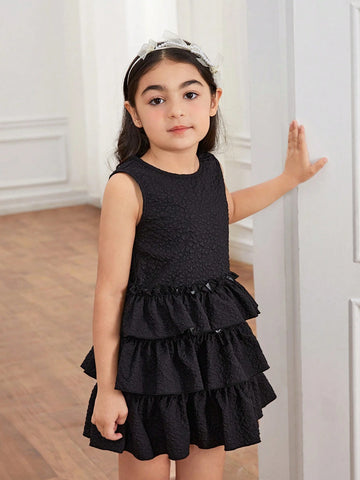 Young Girl Woven Ruffle Hem Solid Color Round Neck Pullover Sleeveless Dress