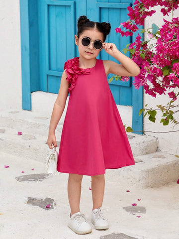 Young Girl Woven Ruffle Hem Solid Color Round Neck Pullover Sleeveless Dress