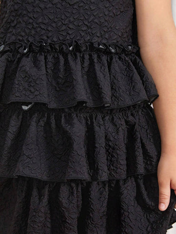 Young Girl Woven Ruffle Hem Solid Color Round Neck Pullover Sleeveless Dress